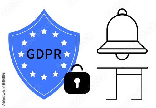Data protection, cybersecurity, regulation compliance, privacy notice, information alerts, data security. GDPR shield with lock, table and bell icon. Data protection and cybersecurity concept