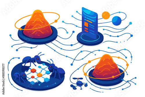 Data-Driven Ant Colonies. Isometric vector illustration set Ant colonies managing data: orbiting luminous anthills forming glowing