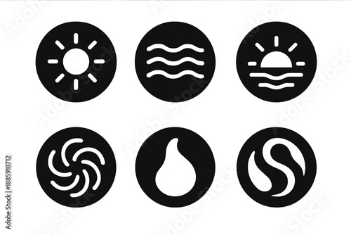 Mindful Nature Icons. Solid style round vector icons of mindful nature: bright sun, soft waves, horizon glow, rhythmic motion,
