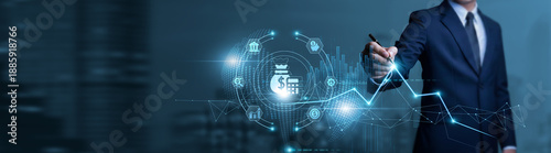Foto Businessman touches financial data chart with pen and performs planning on corporate budget allocation, cost management, expenditure tracking, and financial forecasting
