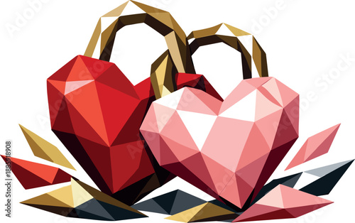 Geometric Heart Locks. Low-poly vector illustration of romantic love locks representing devotion, trust, and relationship promises