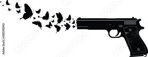Creative gun silhouette with butterflies flying out, symbolizing peace, anti-violence, transformation, hope, non-violence, surreal concept vector illustration