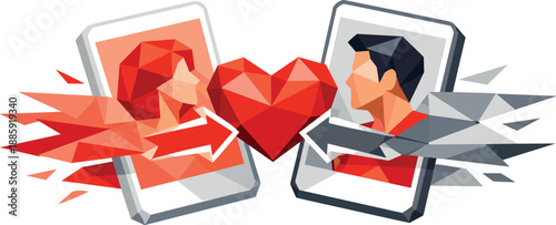 Swipe Match Geometry. Low-poly vector illustration of a dating app swipe match symbolizing connection and choice, polygonal