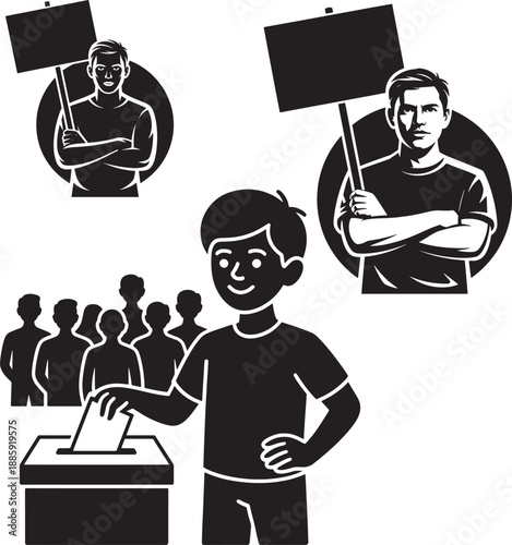 A determined man holding a blank sign within a circular monochrome graphic design