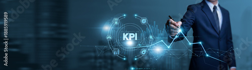 Cuadro en lienzo Businessman touches KPI data chart with pen and performs analysis on key performance indicators, business metrics, performance tracking, and operational insights