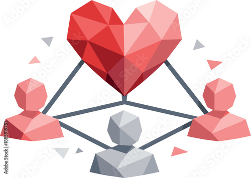 Minimalist Heart Network. Low-poly vector illustration of a minimalist social love icon symbolizing connection, empathy, and