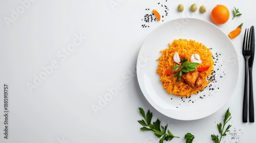 An elegantly plated dish featu vibrant orange rice and savory chicken adorned with fresh herbs and spices on a clean, minimalist white background space.