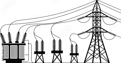 Electric power transformer station with transmission lines and high voltage pylons, energy distribution, power grid infrastructure vector illustration