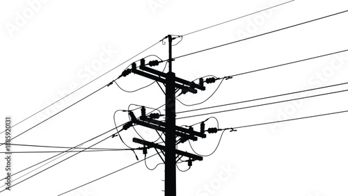 Electric utility distribution power pole vector illustration with multiple ceramic insulators and overhead transmission lines isolated on white background