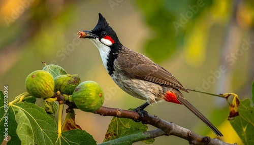 Red-whiskered bulbul on branch, perched next to green figs, eating a berry against a blurred foliage backdrop