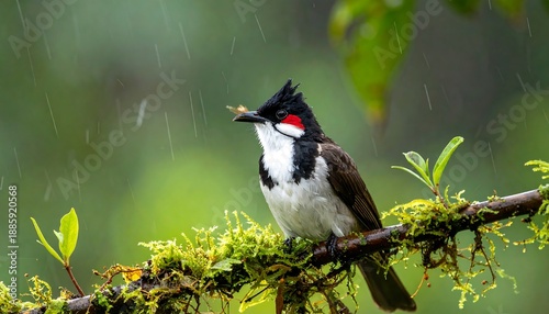 Red-whiskered bulbul perched on a mossy branch in a rain shower amidst lush green foliage