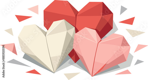 Geometric Paper Hearts. Low-poly vector illustration of folded paper hearts representing DIY romance and emotional sincerity,