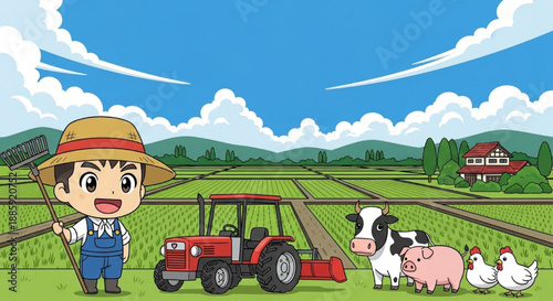 Anime Style Vector Illustration of a Young Farmer Boy with a Rake, Red Tractor, and Cute Farm Animals in a Green Field Landscape