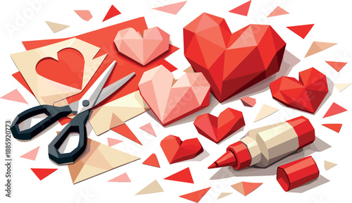 DIY Valentine Crafting. Low-poly vector illustration focused on DIY Valentine theme, polygonal geometric style with sharp