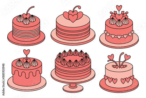 A collection of beautifully decorated pink cakes with hearts and cherries on top for a special celebration