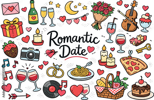 Romantic Date Doodles. Romantic date doodle elements set, hand drawn doodle elements set, center hand-lettered title, colorful