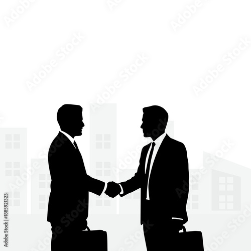 Two businessmen shaking hands in front of a city skyline