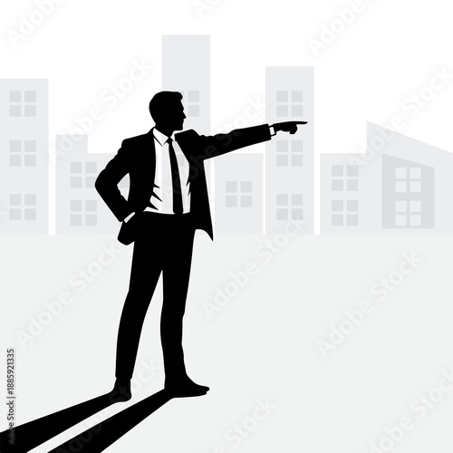 A confident businessman pointing towards the future in a cityscape