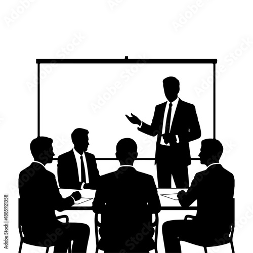 A group of businessmen in a meeting with a presenter standing at the front