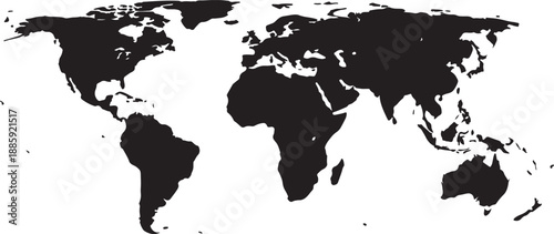 Black and white map with filled continents on a white background also transparent background
