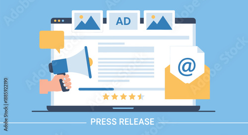 Press Release And Advertising Concept With Laptop, Megaphone, Email, And Star Rating For Online Marketing
