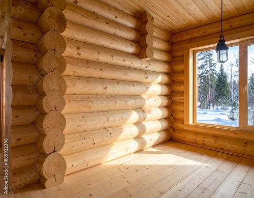 Rustic, light-filled log cabin interior with visible wood grain and wintery view through window