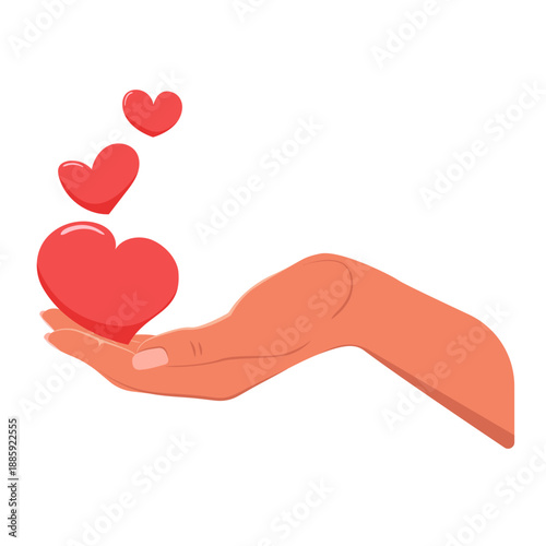 A woman's hand holds red hearts. Flat style. Love and care.