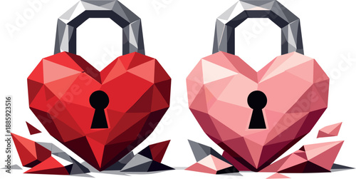 Geometric Heart Locks. Low-poly vector illustration of romantic heart locks representing commitment, trust, and lasting love,