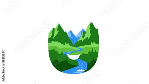 U-Shaped Nature Landscape with Mountains River and Waterfall