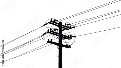 Detailed black electric power line pole silhouette vector illustration isolated on white background for energy transmission infrastructure utility design