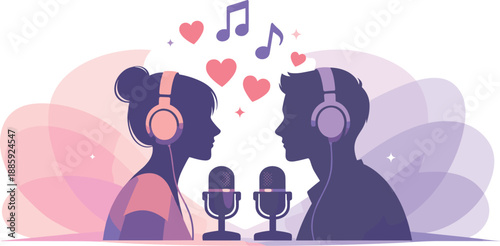 Podcast Date Silhouettes. Minimal podcast date composition highlighting couple silhouettes with headphones, microphones, and