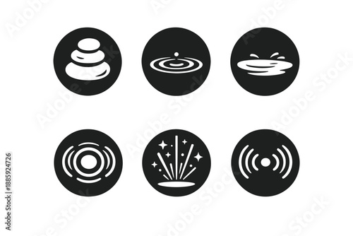Mindful Icons Collection. Solid style round vector icons of mindful effect: pebble, ripple, still water, vibration ring, light