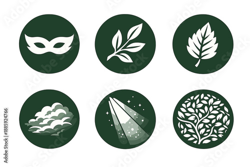 Natural Secrecy Icons. Solid style round vector icons of natural secrecy: mask, branch, forest leaf, fog, light beam, pattern No