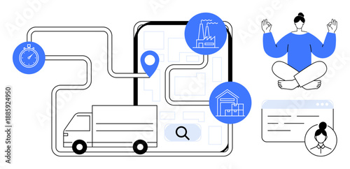 Logistics, delivery tracking, supply chain, technology solutions, mindfulness, time efficiency. Map showing vehicle route with markers, industrial icons and person meditating. Logistics and delivery