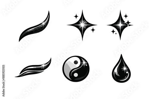 Sophisticated Icon Elegance. Solid style icons of refined expression: gentle curve, radiant edge, flowing line, clear droplet,