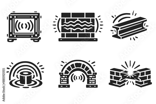 Structural Sound Icons. Solid style icons of Structural Sound: resonant frame, vibration wall, harmonic beam, echo core, sound