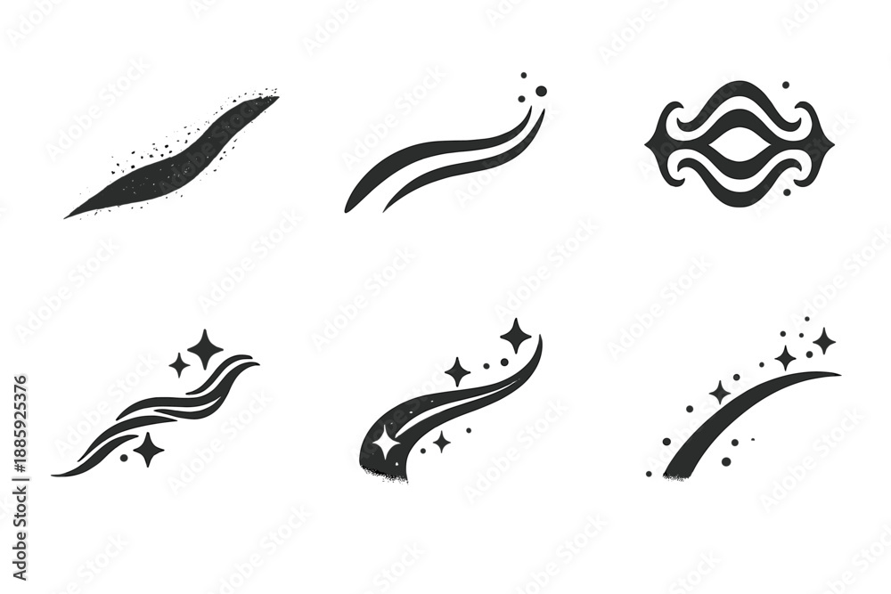 Obraz premium Subtle Motion Icons. Solid style icons of Subtle Motion: grain line, drift curve, soft pulse, flowing thread, luminous path,