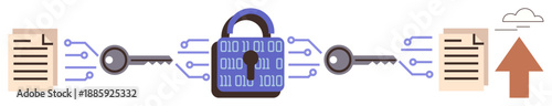 Cybersecurity, data protection, cloud storage, encryption, information security, secure file transfer. Visual of lock, keys documents and an upload icon. Cybersecurity and data protection concept