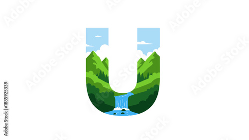 Letter U Nature Landscape Design with Green Mountains and Waterfall