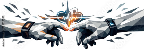 Digital Connection. Low-poly vector illustration focused on the ritual of a digital kiss through sending a signal between smart