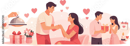 Romantic Service Illustration. Minimal romantic service scene showing thoughtful assistance, gift-like interactions, and floating