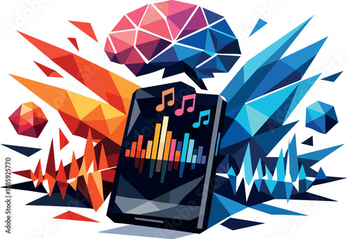 AI-Generated Music Art. Low-poly vector illustration focused on a personalized music playlist created by artificial intelligence