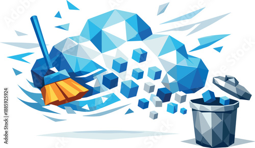 Geometric Cloud Cleanup. Low-poly vector illustration focused on cloud cleanup and digital space management, polygonal geometric
