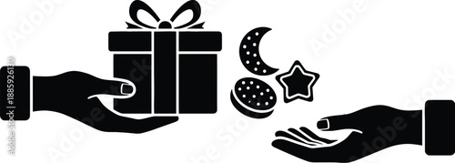 Handing over a gift box with ribbon and celestial elements