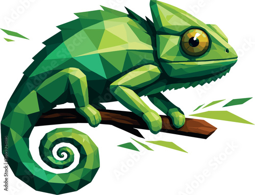 Geometric Chameleon Art. Low-poly vector illustration focused on a chameleon in a calm observant stance, polygonal geometric style