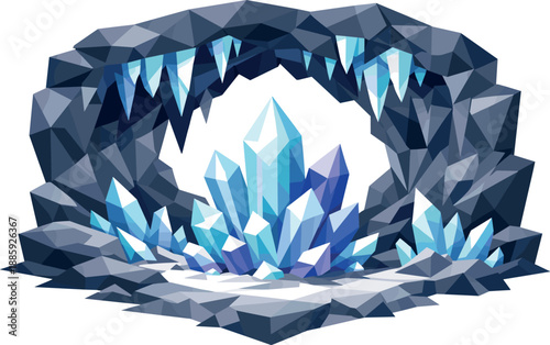 Crystalline Cave Vectors. Low-poly vector illustration focused on a crystalline cave interior, polygonal geometric style with