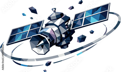 Futuristic Satellite Orbit. Low-poly vector illustration focused on a futuristic satellite orbiting a planet, polygonal geometric