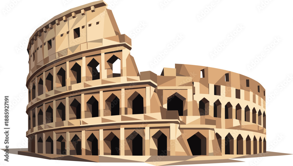 Naklejka premium Geometric Colosseum Art. Low-poly vector illustration focused on the Colosseum viewed in a three-quarter perspective, polygonal