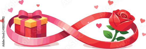 Infinite Love Gift. Infinity symbol wrapped around a gift box and rose icon like a continuous ribbon, with soft glow highlights
