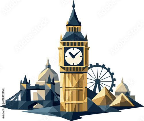 Geometric Big Ben Logo. Low-poly vector illustration focused on an iconic Big Ben symbol representing London and world landmarks,